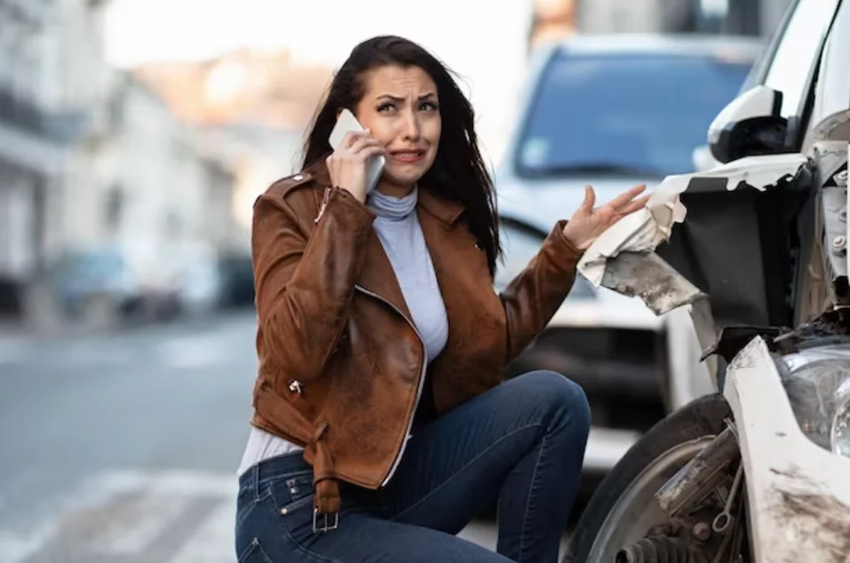  miserable woman crying while calling for help over mobile phone after a car accident